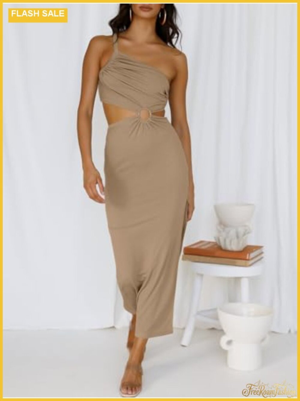 One Shoulder Sleeveless Bodycon Maxi Dress Ruched High Waist Party - Picture 3 of 6
